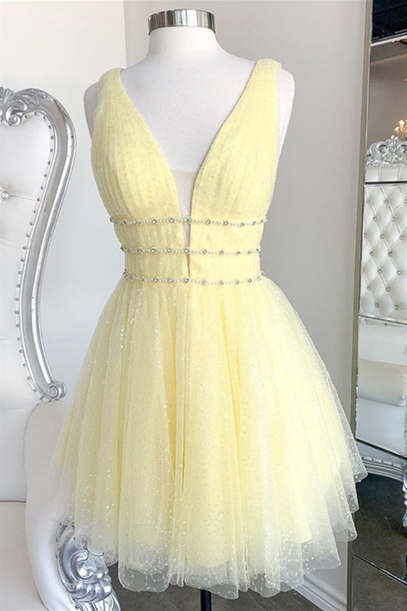 Unthony - Shiny V Neck Open Back Yellow Tulle Short Prom Dress