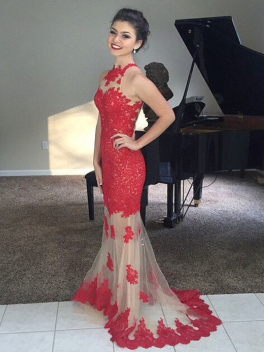 Unthony - High Neck Mermaid Sleeveless Appliques Lace Long Prom Dresses