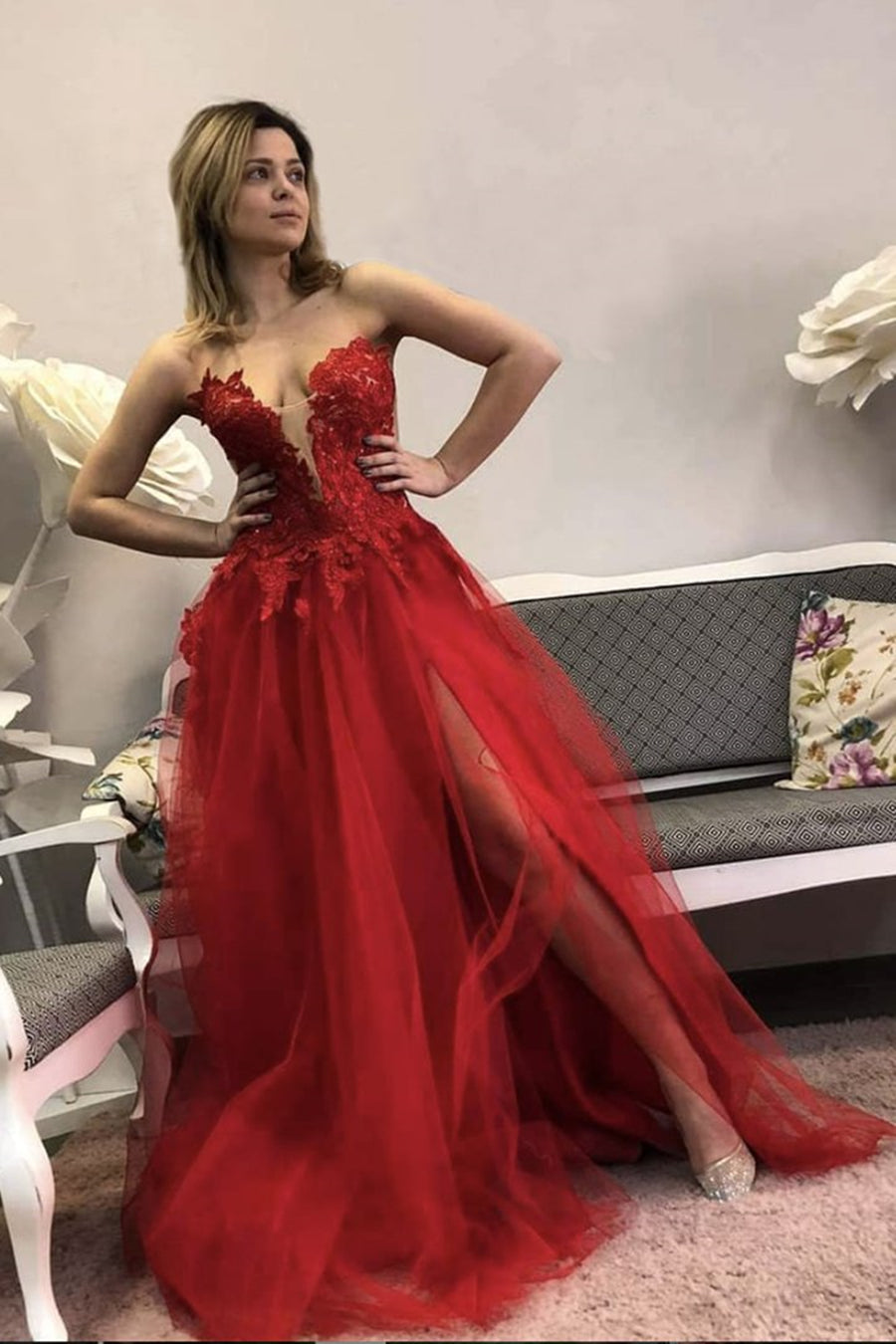 Unthony - Red Lace Floral Long Prom Dress with Slit