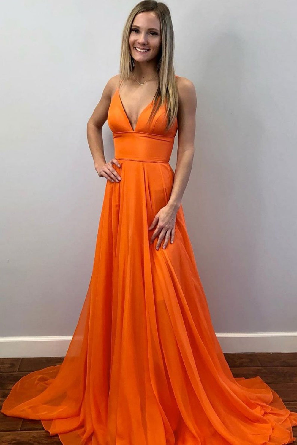 Unthony - Simple V Neck Orange Chiffon Long Prom Dress