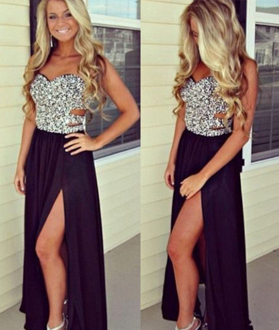Unthony - Sweetheart Neck Beaded Black Prom Dresses