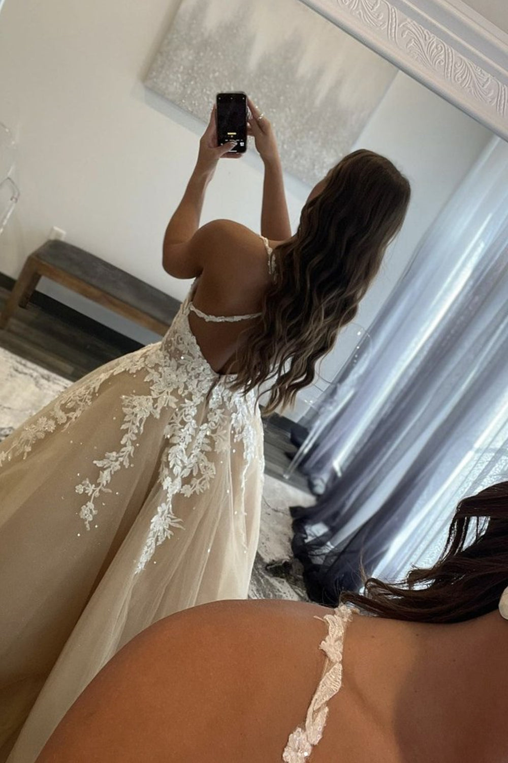 Unthony - V Neck Open Back Champagne Lace Long Prom Dress