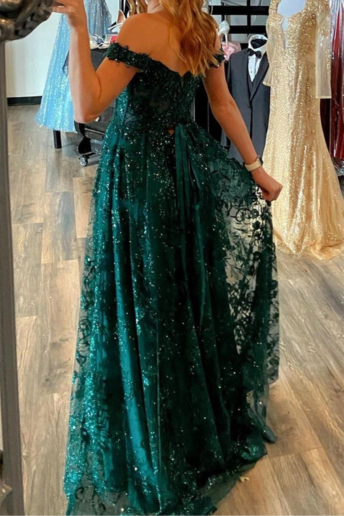 Unthony - Off Shoulder Green Lace Sequins Long Prom Dress with High Slit