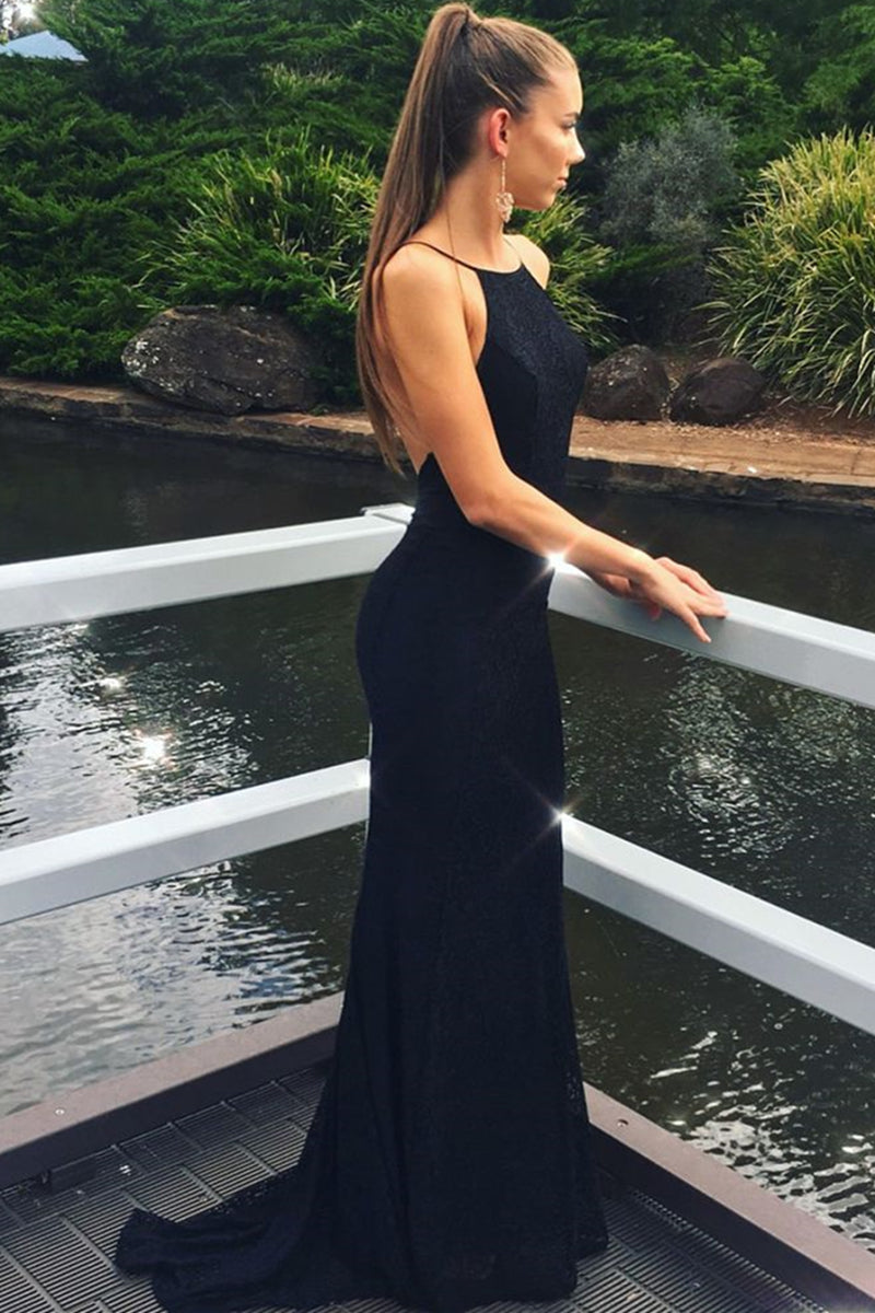 Unthony - Sexy Mermaid Backless Black Lace Long Prom Dress