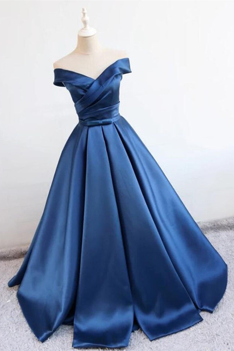 Unthony - Blue Off Shoulder Satin Long Prom Dresses
