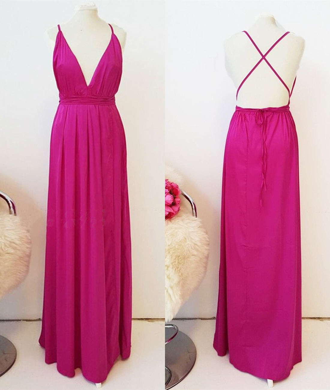 Unthony - A Line V Neck Backless Fuchsia Long Prom Dresses with High Slit