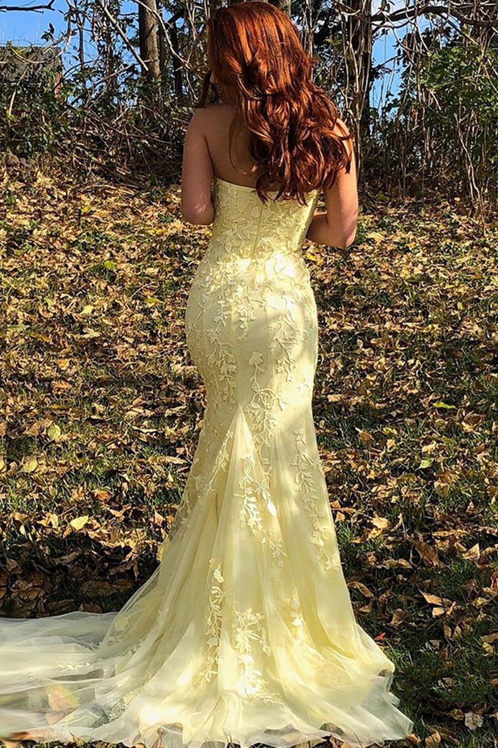 Unthony - Strapless Mermaid Yellow/Pink/Purple Lace Prom Dresses