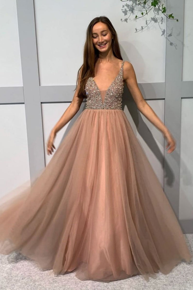 Unthony - A Line V Neck Beaded Champagne Tulle Long Prom Dress