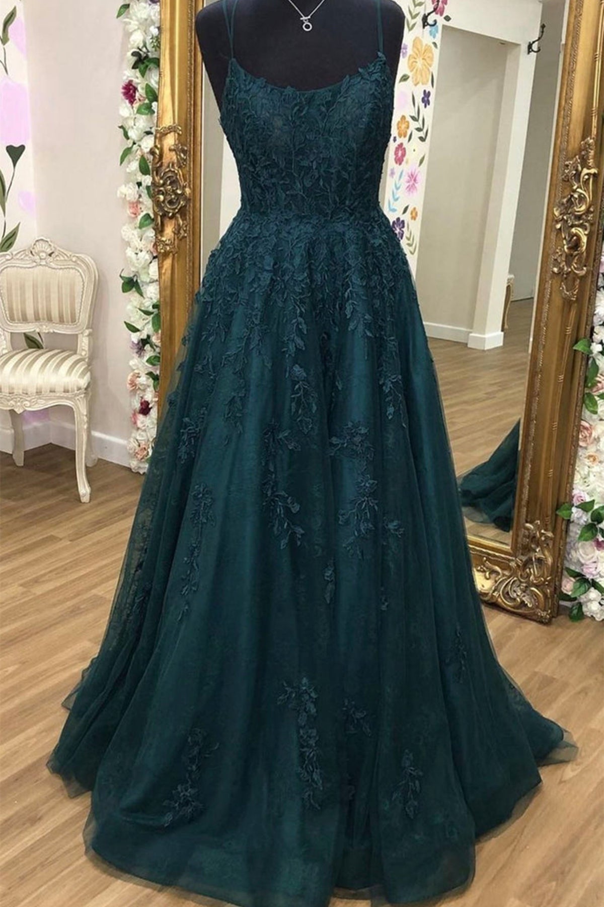 Unthony - A Line Dark Green Tulle Lace Long Prom Dress