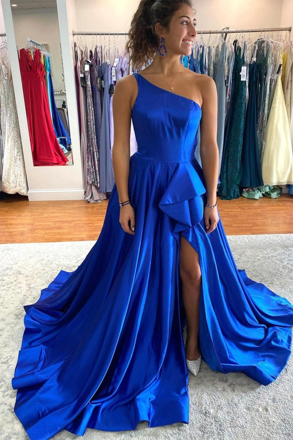 Unthony - One Shoulder High Low Blue Satin Long Prom Dress