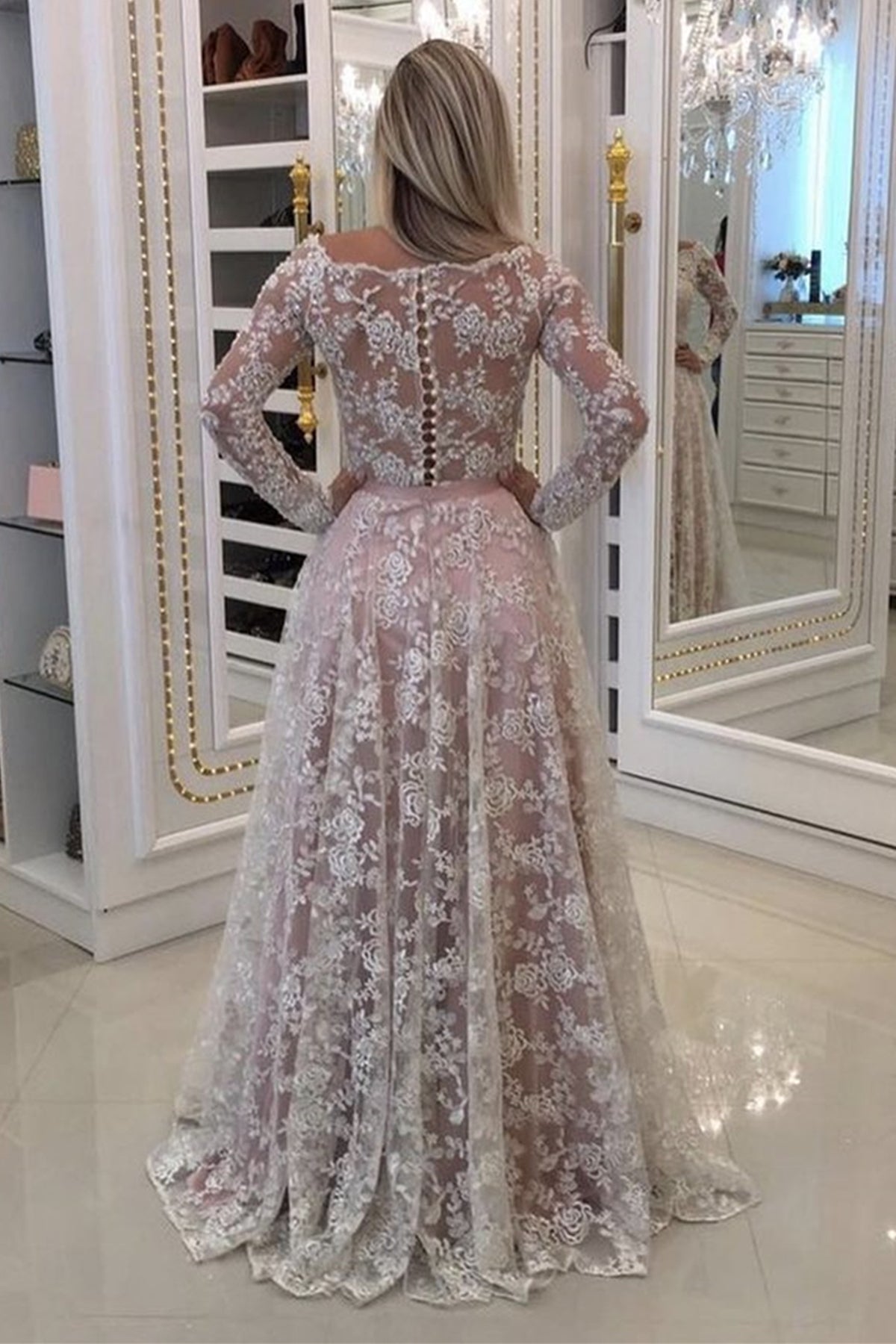 Unthony - Long Sleeves Pink Lace Long Prom Dress