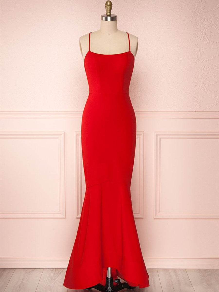 Unthony - Red Thin Straps Mermaid Backless Long Prom Dresses