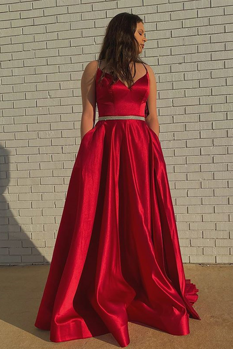 Unthony - A Line V Neck Red Satin Long Prom Dress with Belt
