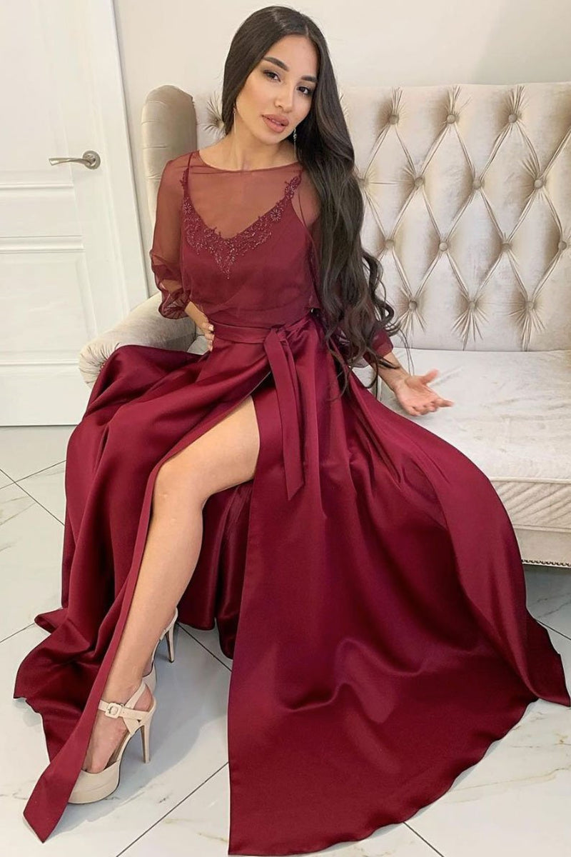 Unthony - Long Sleeves Maroon Long Prom Dress with Slit