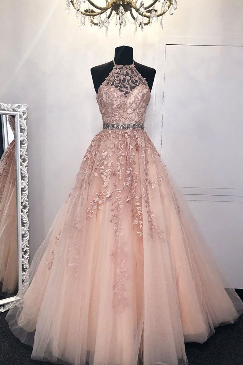 Unthony - Halter Neck Pink Lace Long Prom Dress with Belt