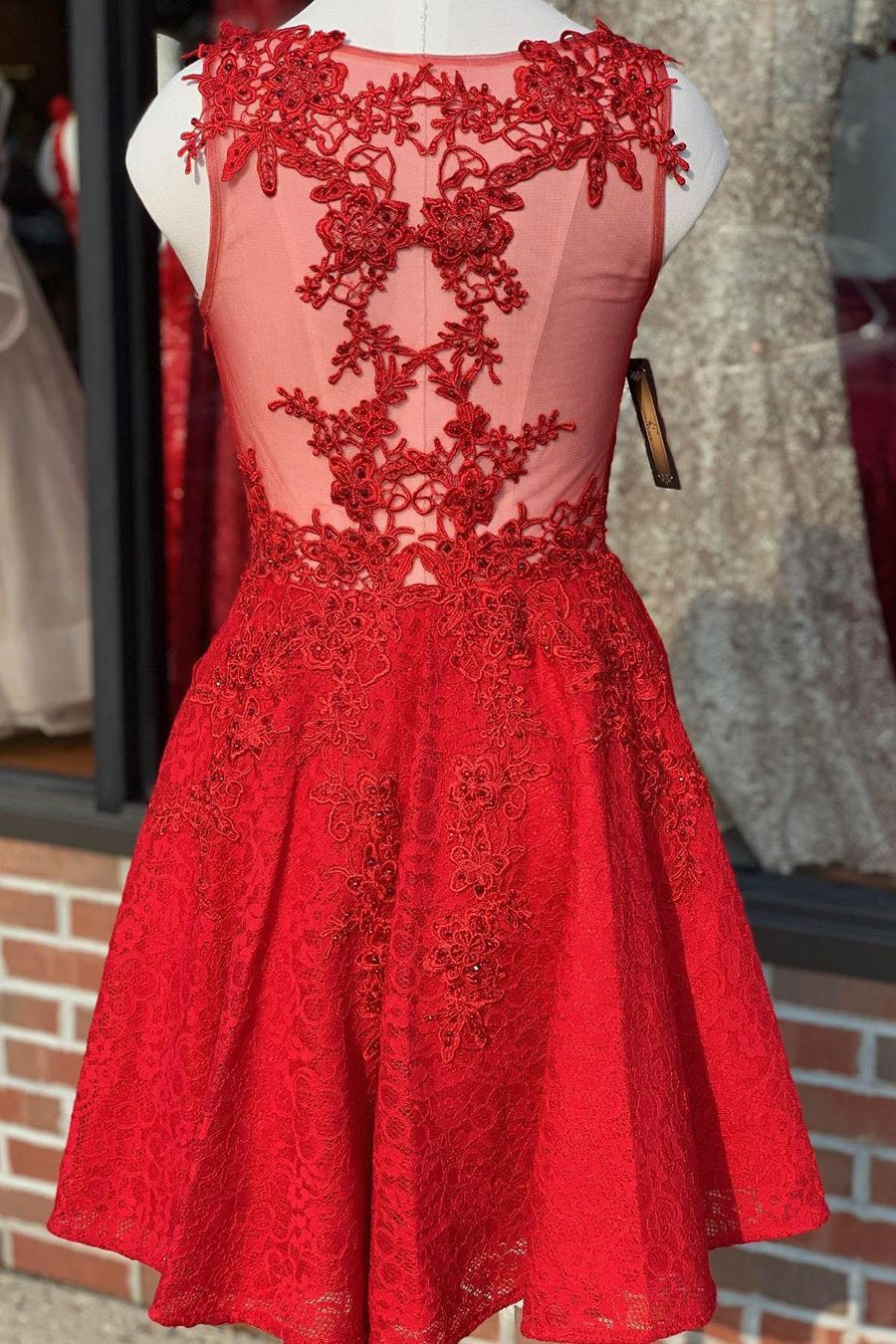 Unthony - A Line V Neck Short Red Lace Prom Dress