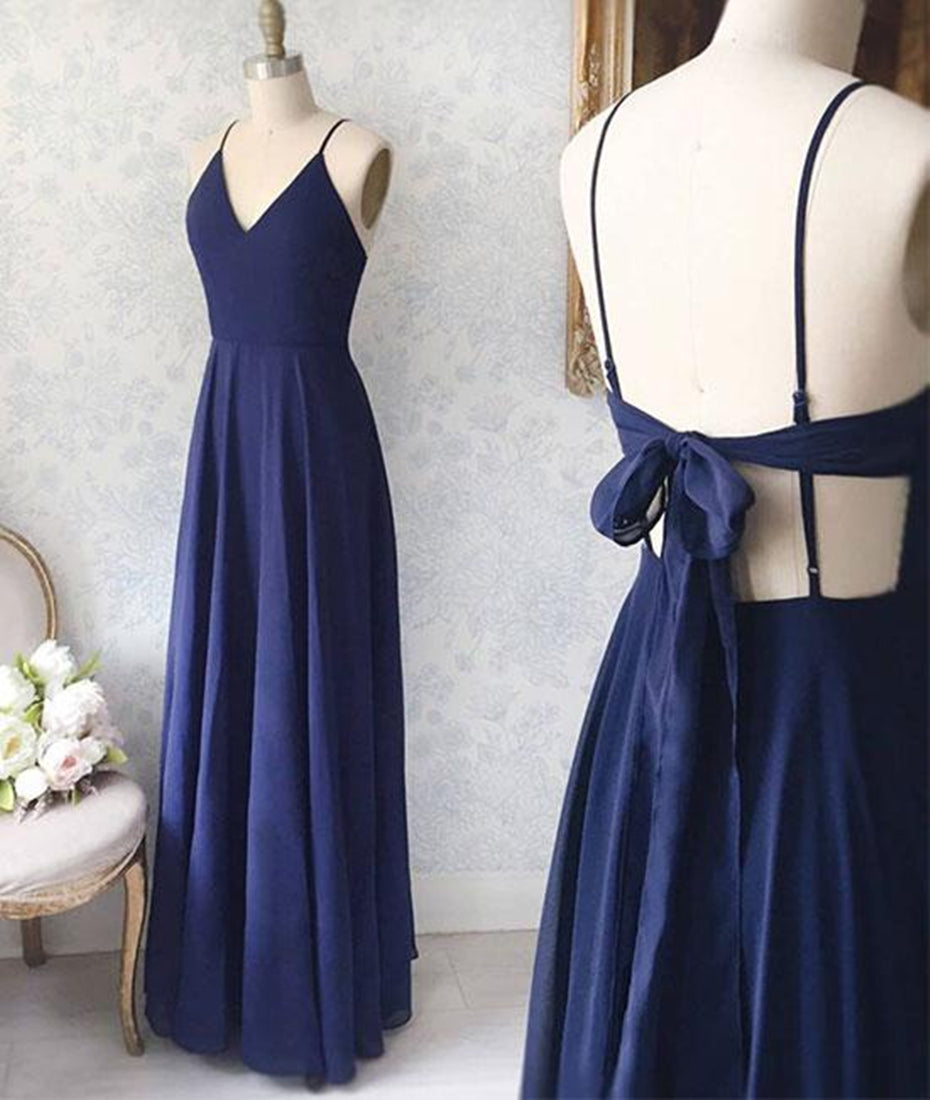 Unthony - Simple V Neck Backless Blue Long Prom Dresses