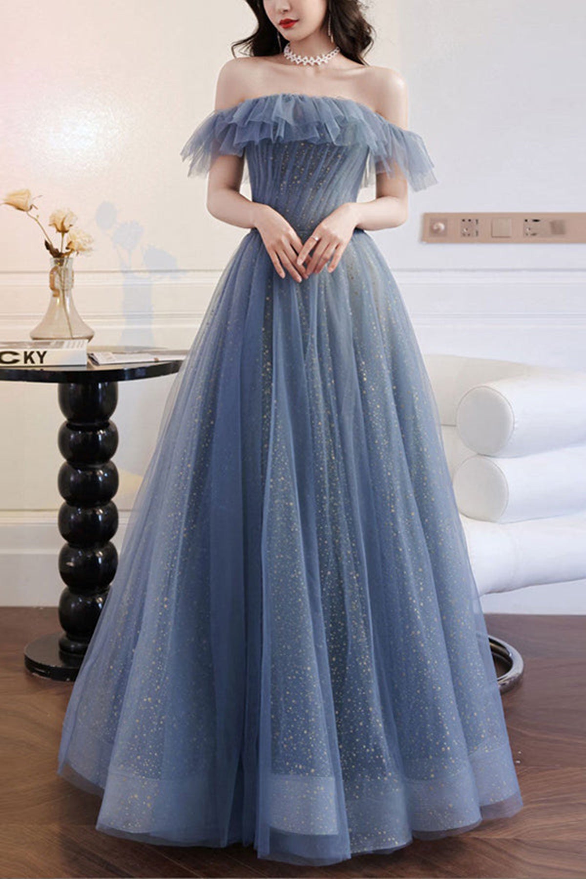 Unthony - Elegant Off Shoulder Gray Blue Long Prom Dresses