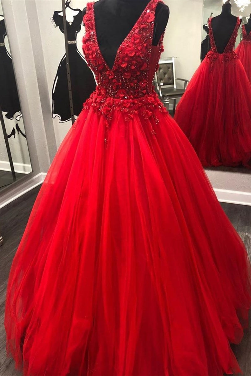 Unthony - V Neck Open Back Beading Red Long Prom Dress with 3D Flower