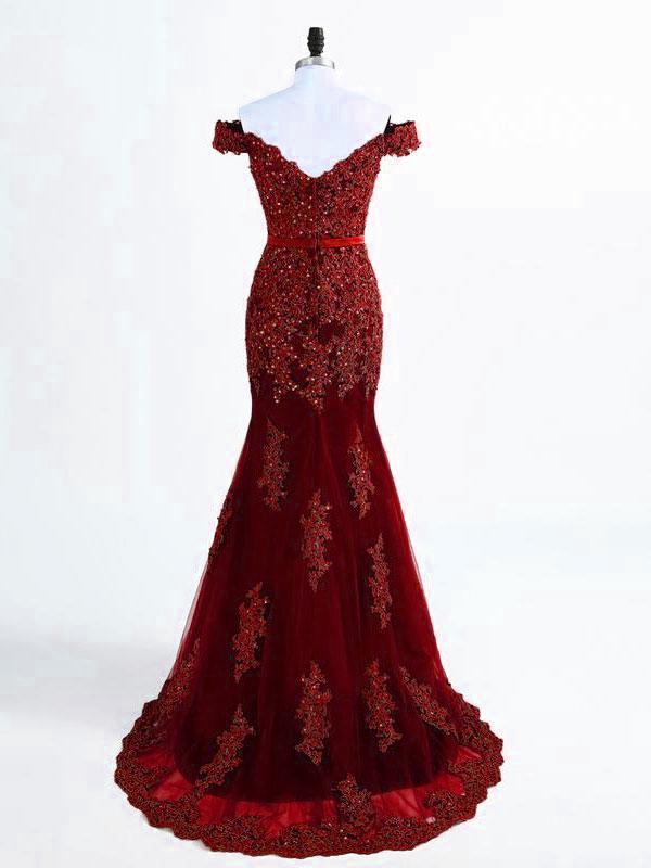 Unthony - A Line Off Shoulder Burgundy Lace Prom Dresses