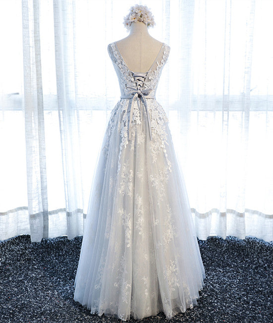 Unthony - A Line Round Neck Sleeveless Lace Grey/Pink/Champagne Prom Dresses