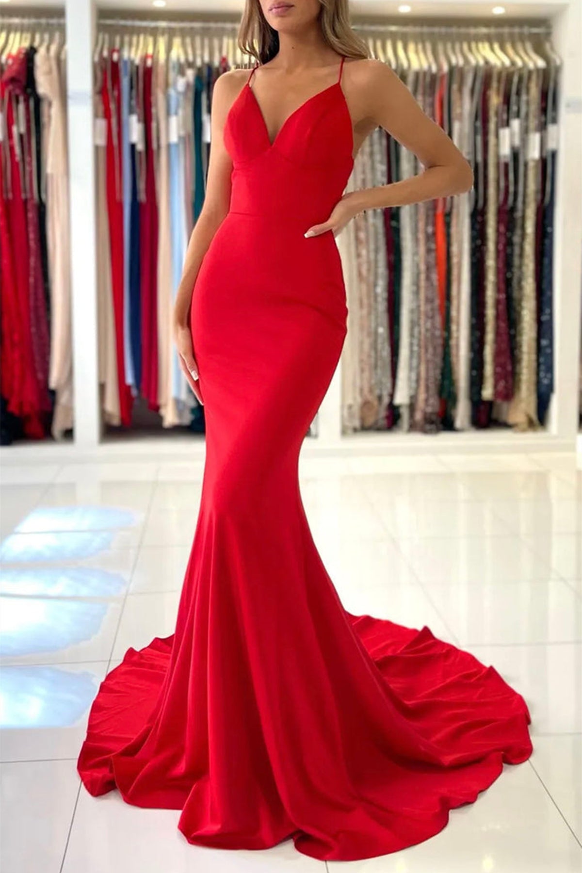 Unthony - Mermaid V Neck Backless Red Long Prom Dress