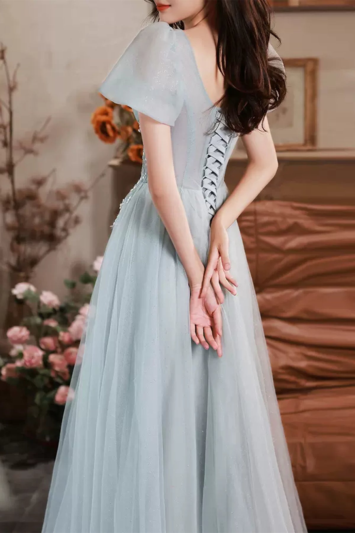 Unthony - Short Sleeves Beaded Blue Long Prom Dress