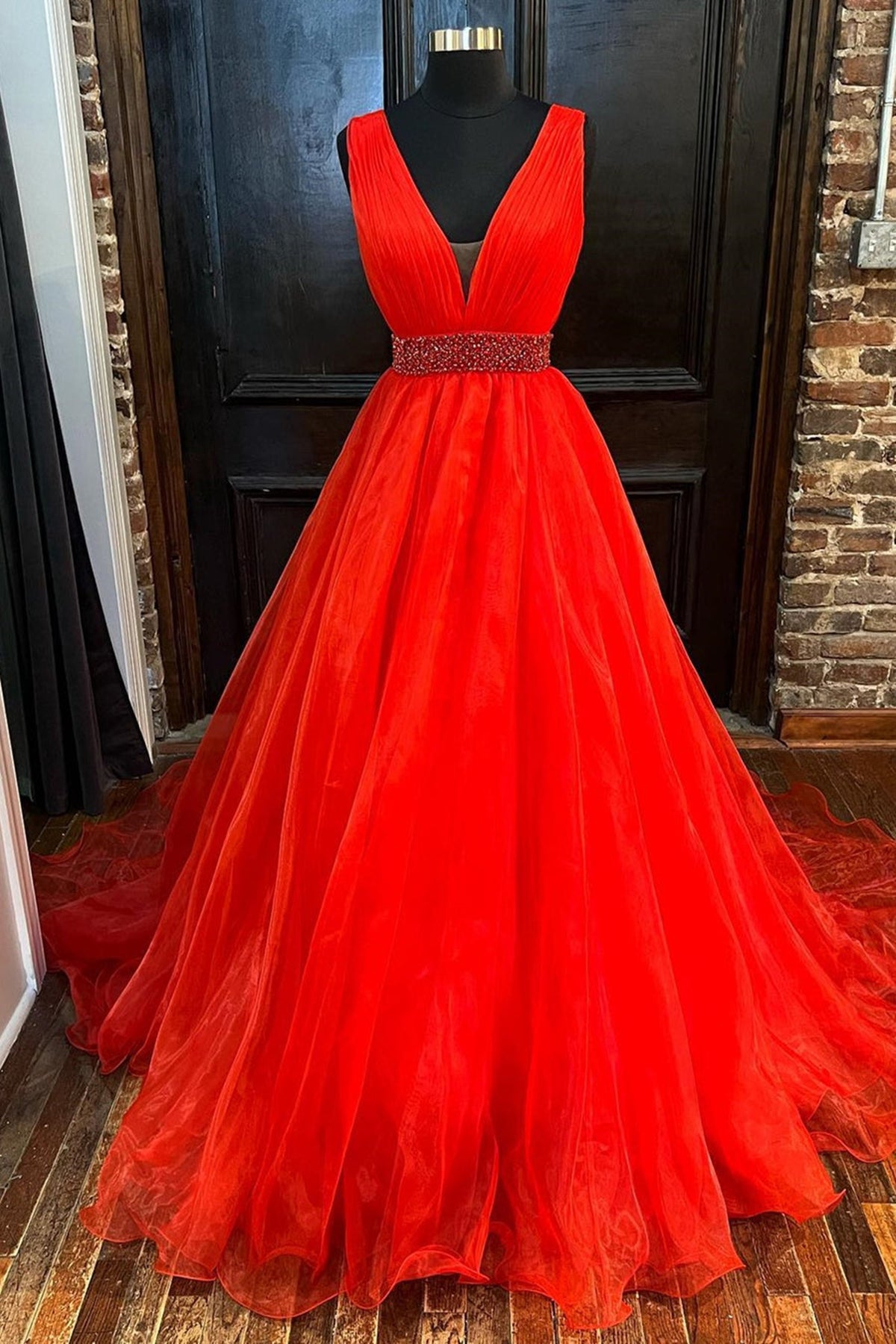 Unthony - A Line V Neck Red/Blue/Orange Long Prom Dress with Beaded Belt