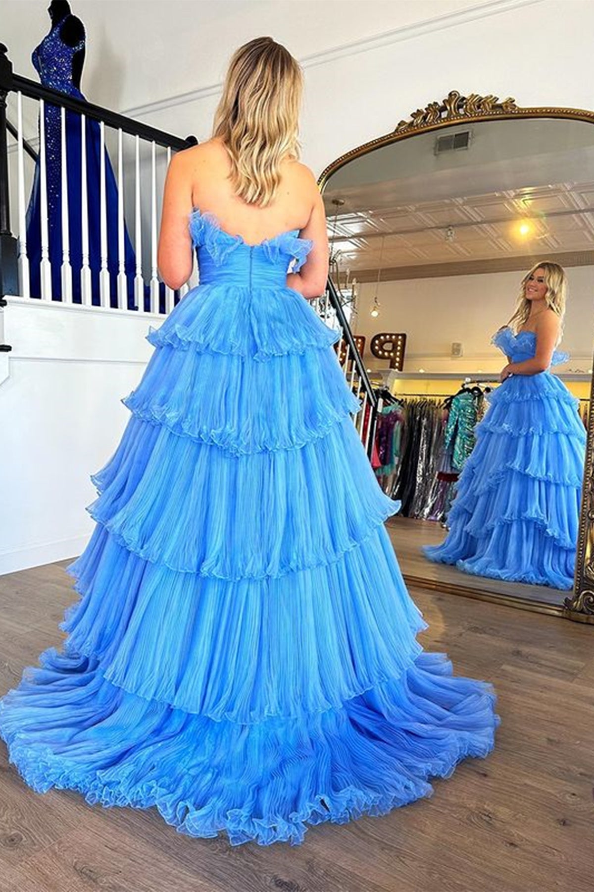 Unthony - Strapless Layered Blue Long Prom Dresses