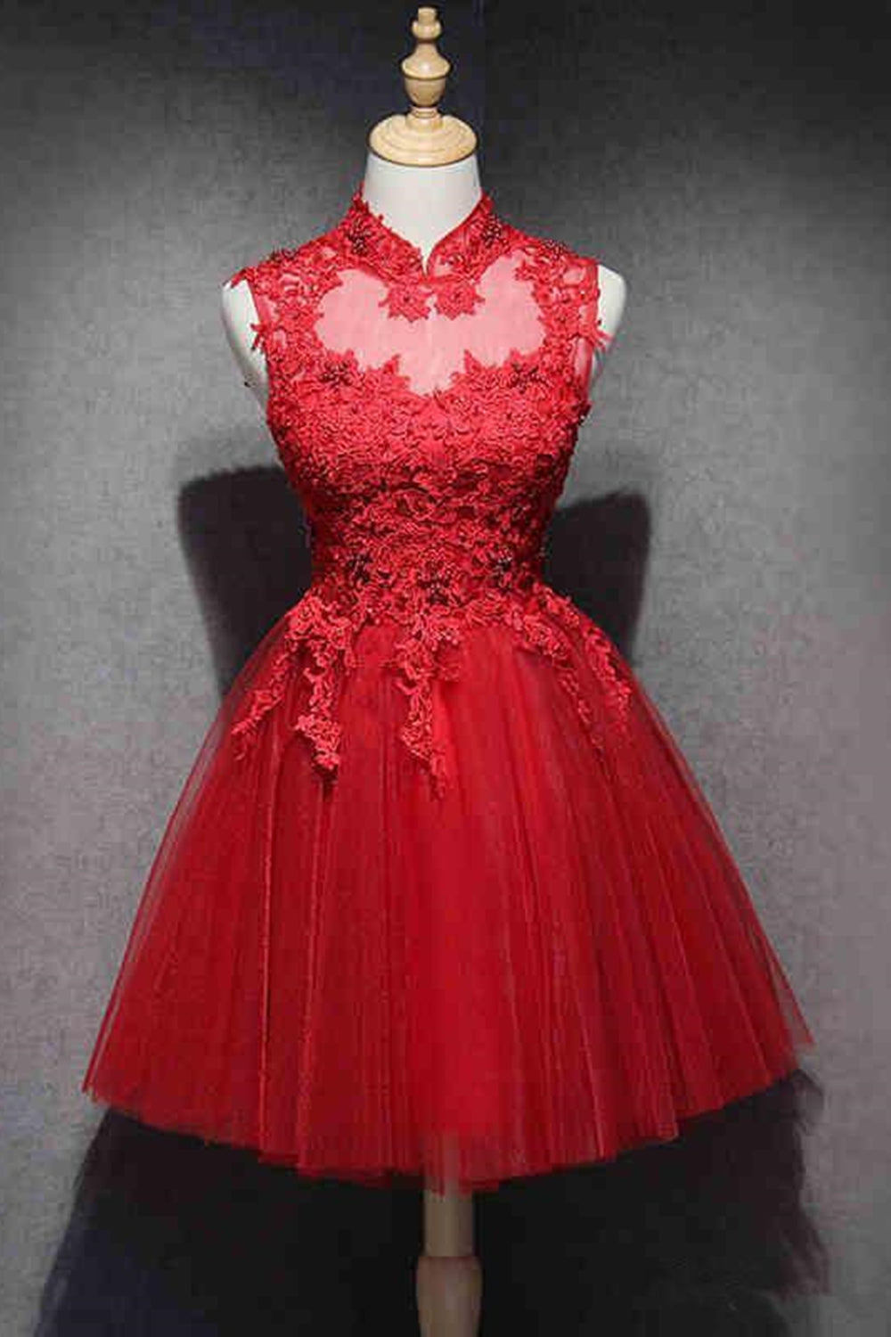 Unthony - High Neck Red Lace Short Prom Dress