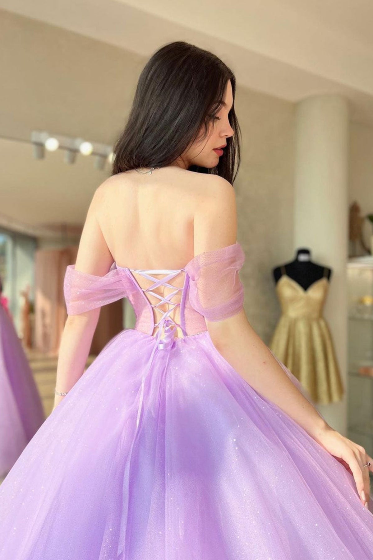 Unthony - Elegant Off Shoulder Purple Tulle Long Prom Dress