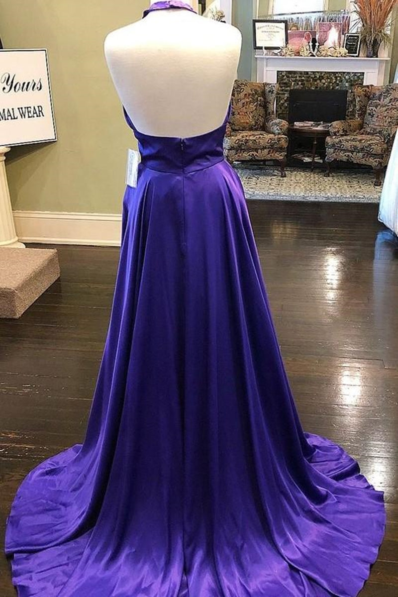 Unthony - Custom Made Unique Backless Purple Satin Long Prom Dress