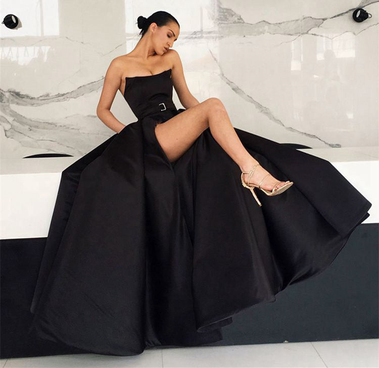 Unthony - Unique Black Satin Long Prom Dresses with High Slit