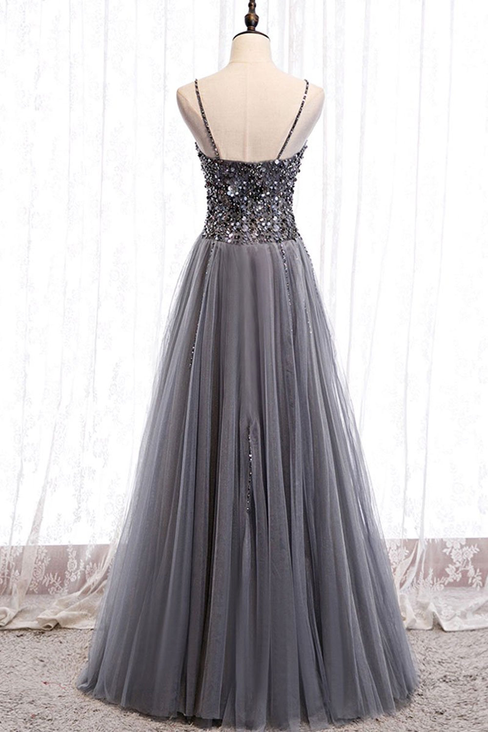 Unthony - Sweetheart Neck Grey Sequins Tulle Long Prom Dress