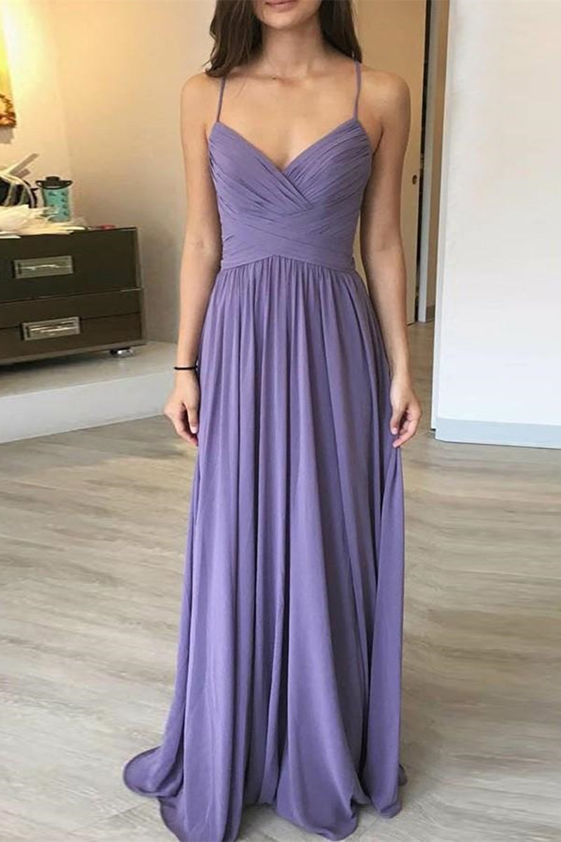 Unthony - Simple A Line V Neck Backless Long Lavender Prom Dress