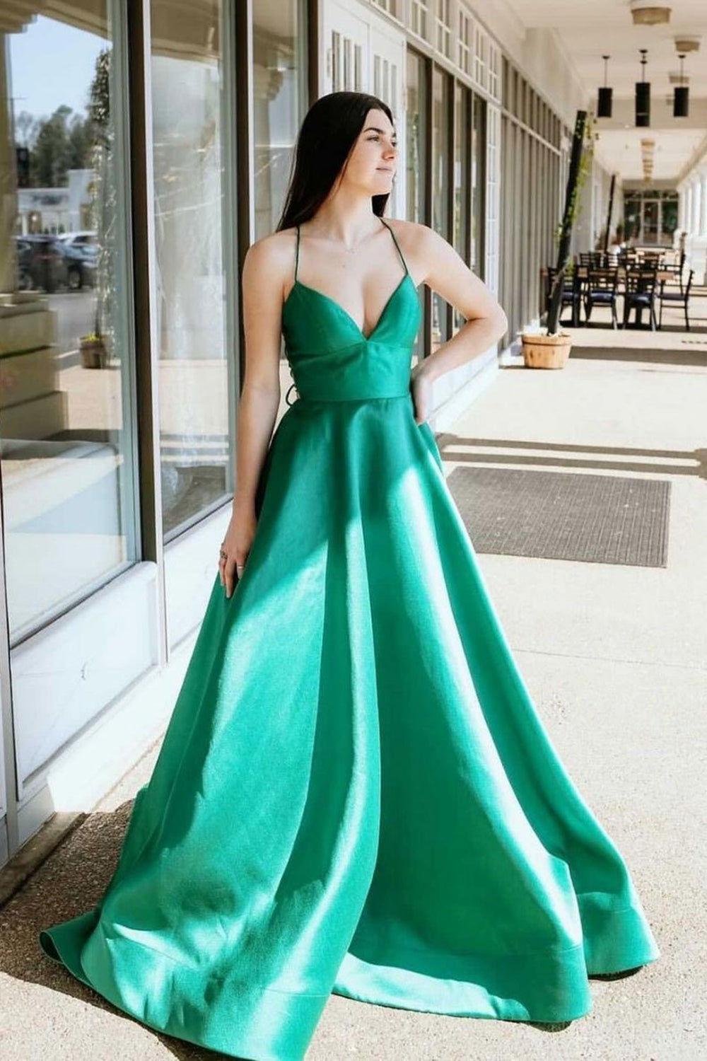 Unthony - Simple V Neck Green Satin Long Prom Dress