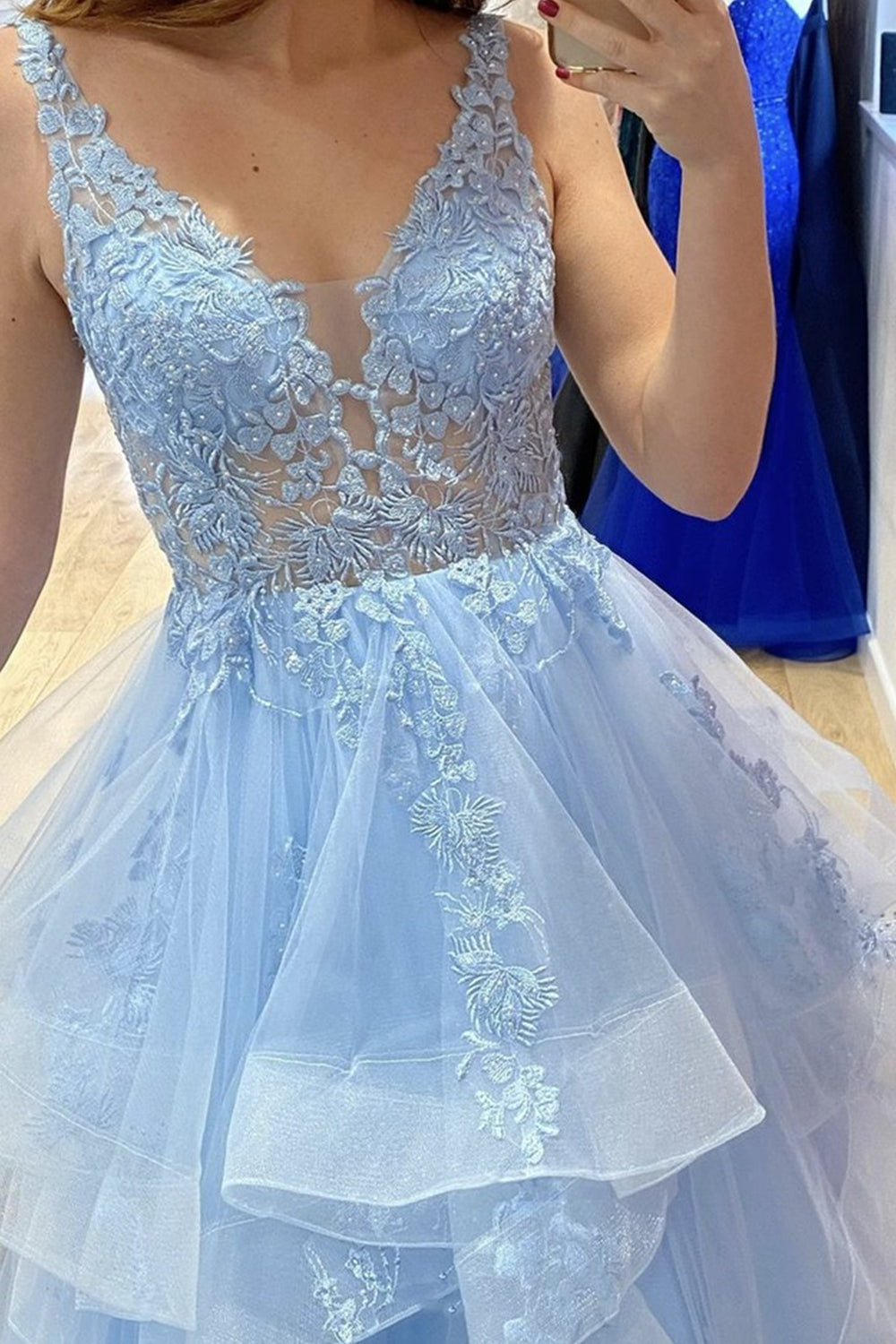 Unthony - V Neck Fluffy Blue Lace Long Prom Dress