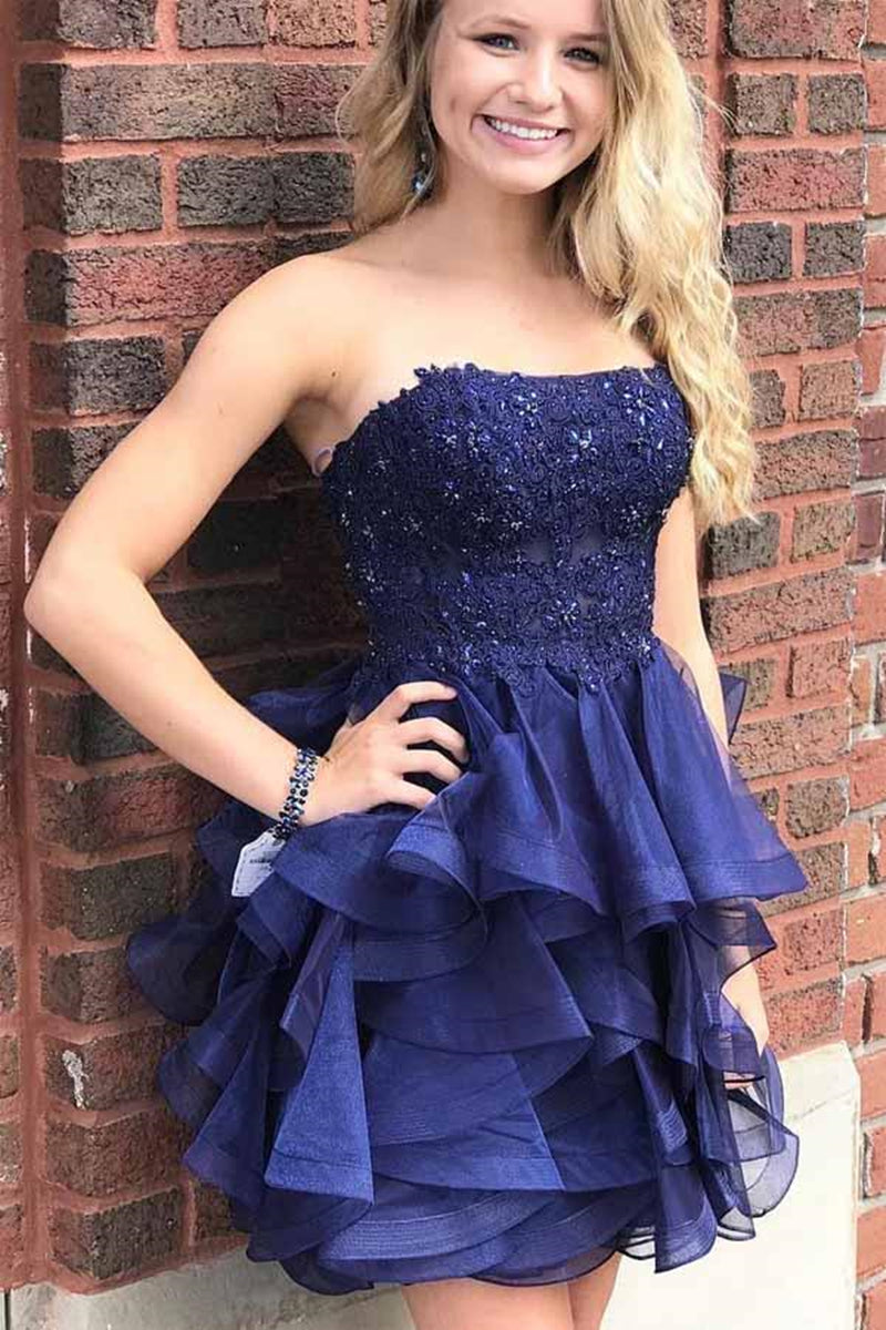 Unthony - Gorgeous Strapless Beaded Short Navy Blue Lace Prom Dress