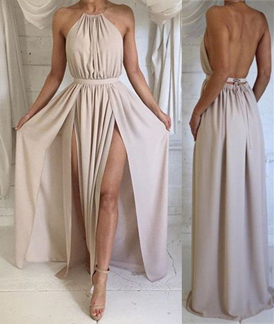 Unthony - A Line High Neck Backless Chiffon Long Prom Dresses