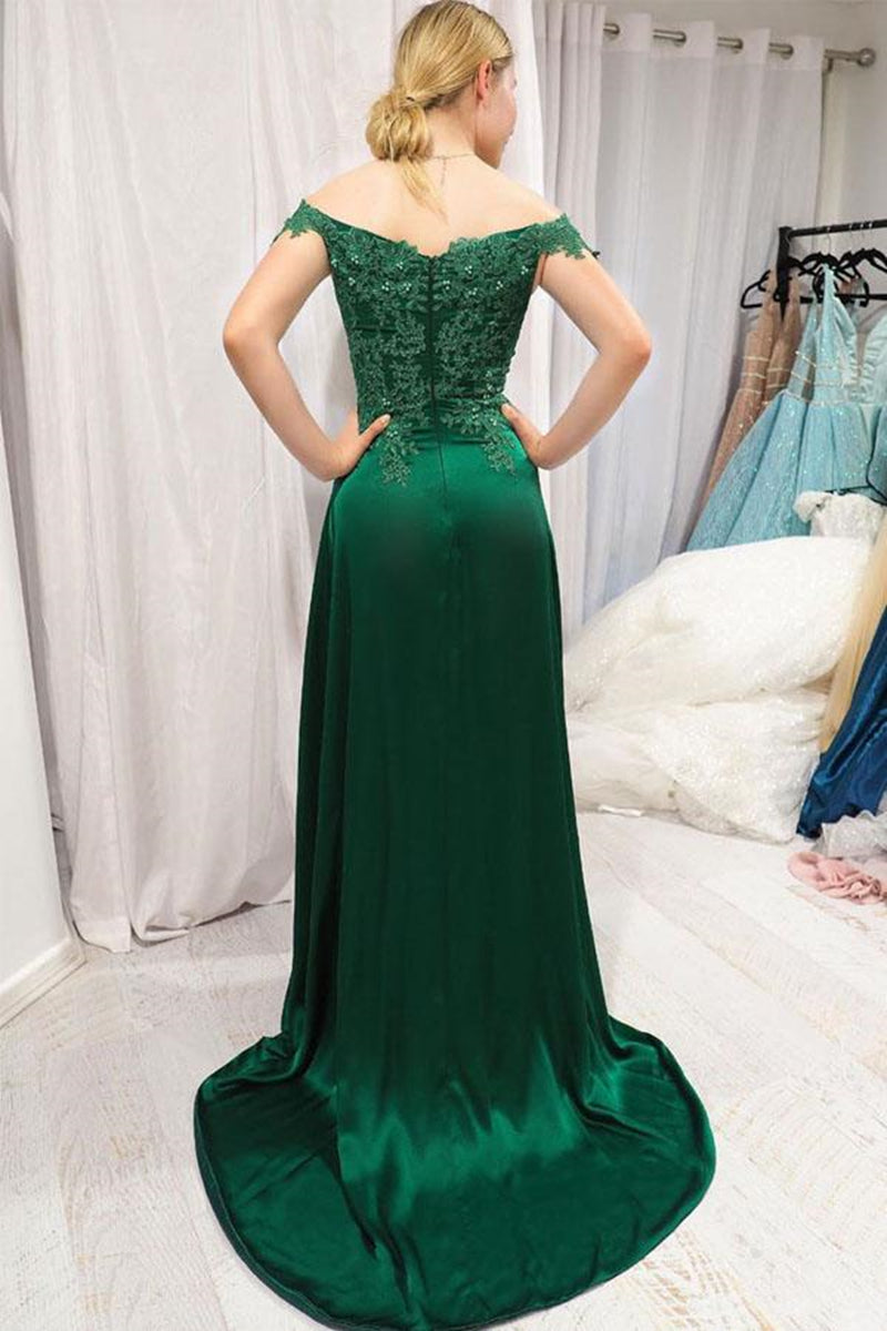 Unthony - Off Shoulder Lace Top Green Long Prom Dress with Split