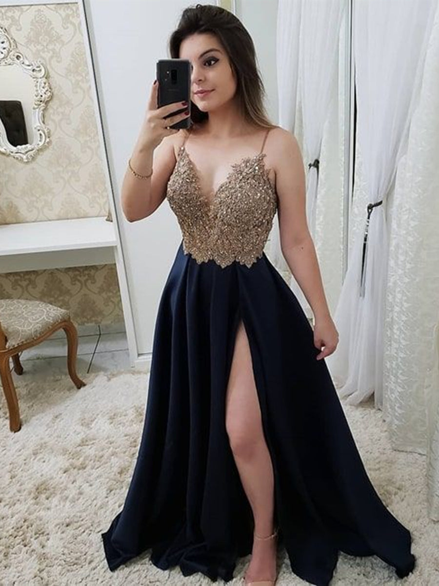 Unthony - Dark Blue V Neck Gold Lace Beading Satin Long Prom Dresses with High Slit