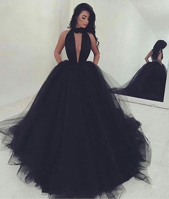 Unthony - Sexy Fluffy Backless Black Tulle Prom Dresses