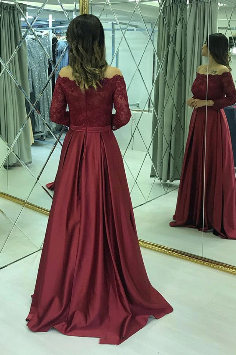 Unthony - Long Sleeves Lace Burgundy Long Prom Dresses