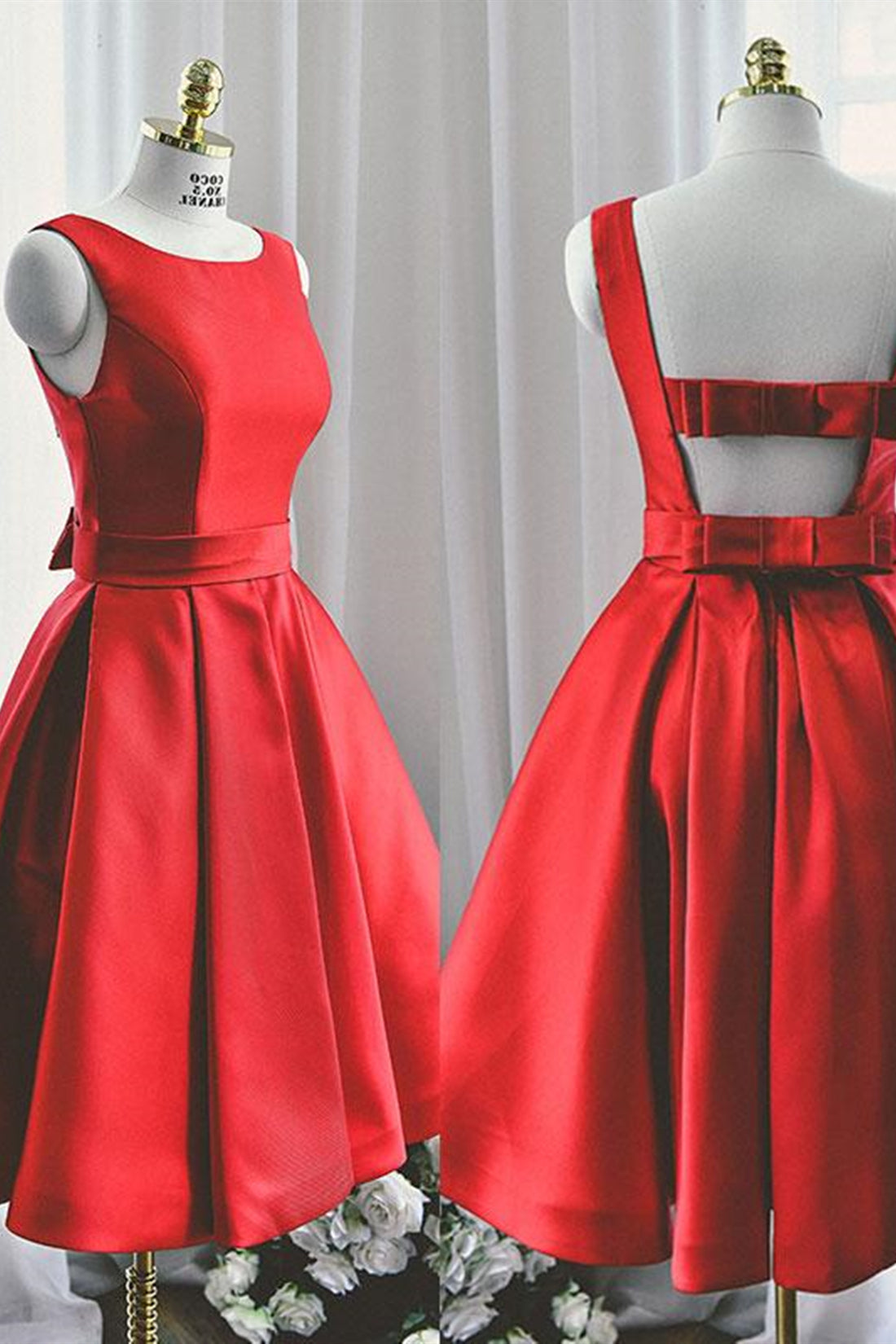 Unthony - Cute Open Back Knee Length Red Prom Dress