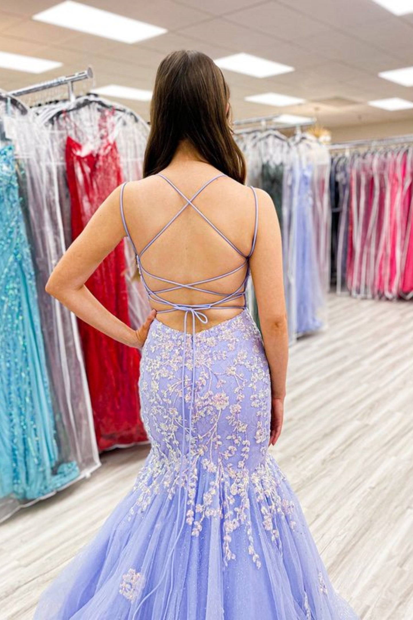 Unthony - V Neck Mermaid Lilac Lace Long Prom Dress