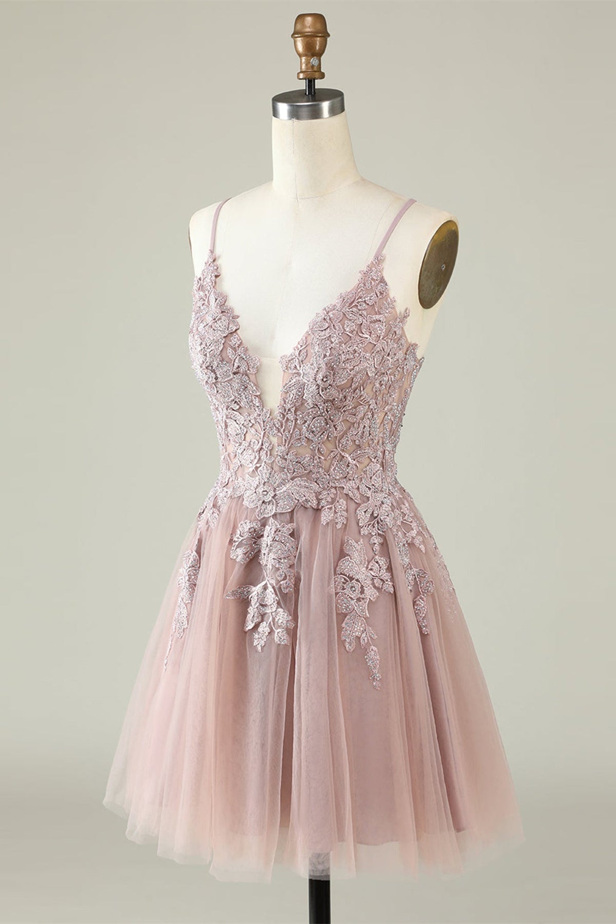 Unthony - Open Back V Neck Pink Lace Appliques Prom Dress