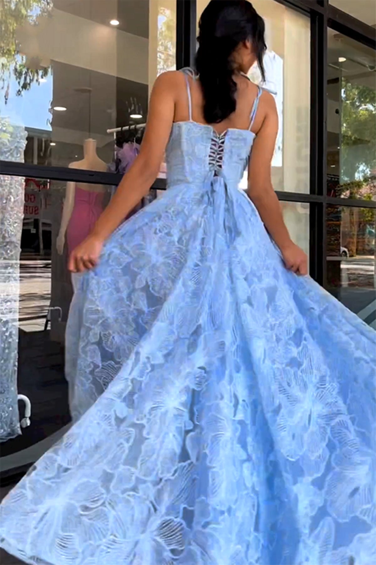 Unthony - A Line Blue Lace Long Prom Dresses