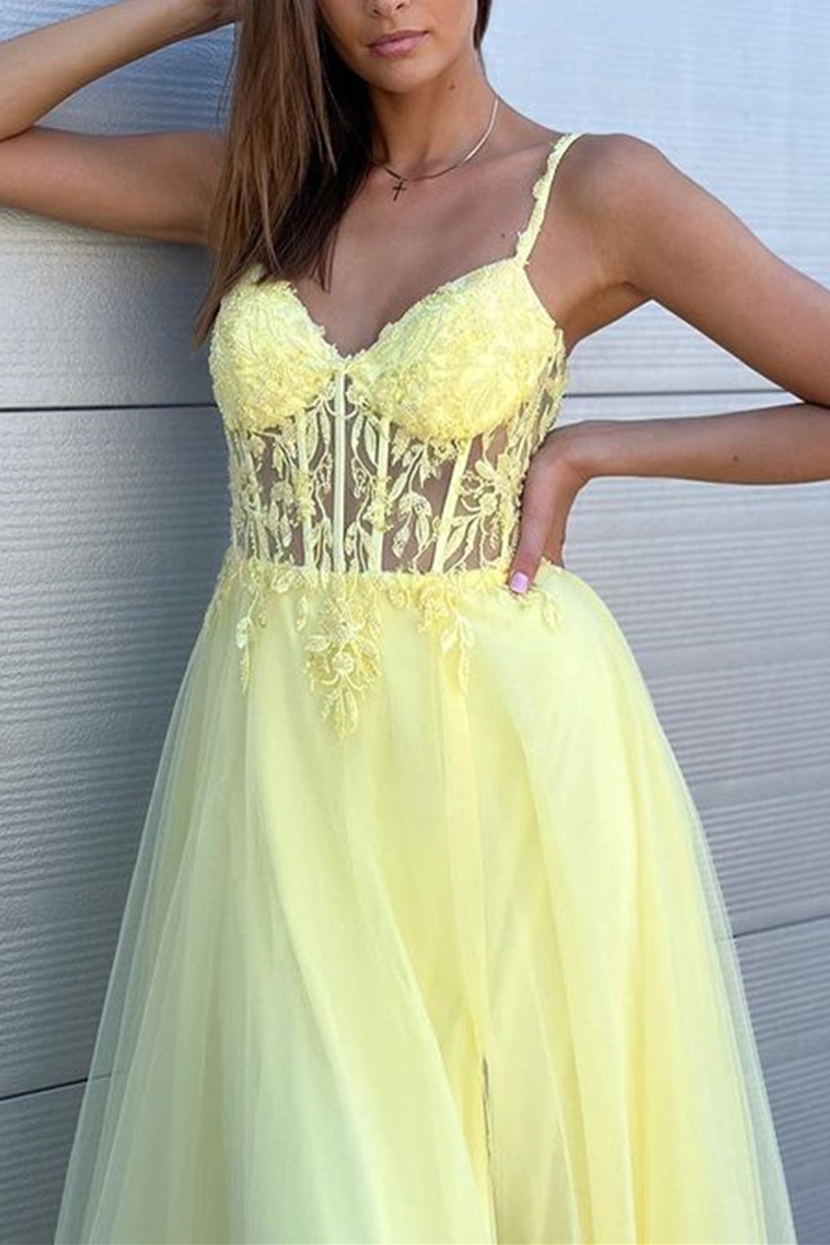 Unthony - V Neck Blue/Pink/Yellow Lace Long Prom Dress with High Slit