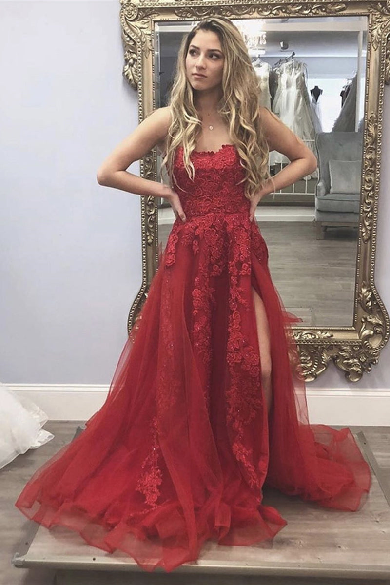 Unthony - Long Burgundy Lace Floral Prom Dress with High Slit
