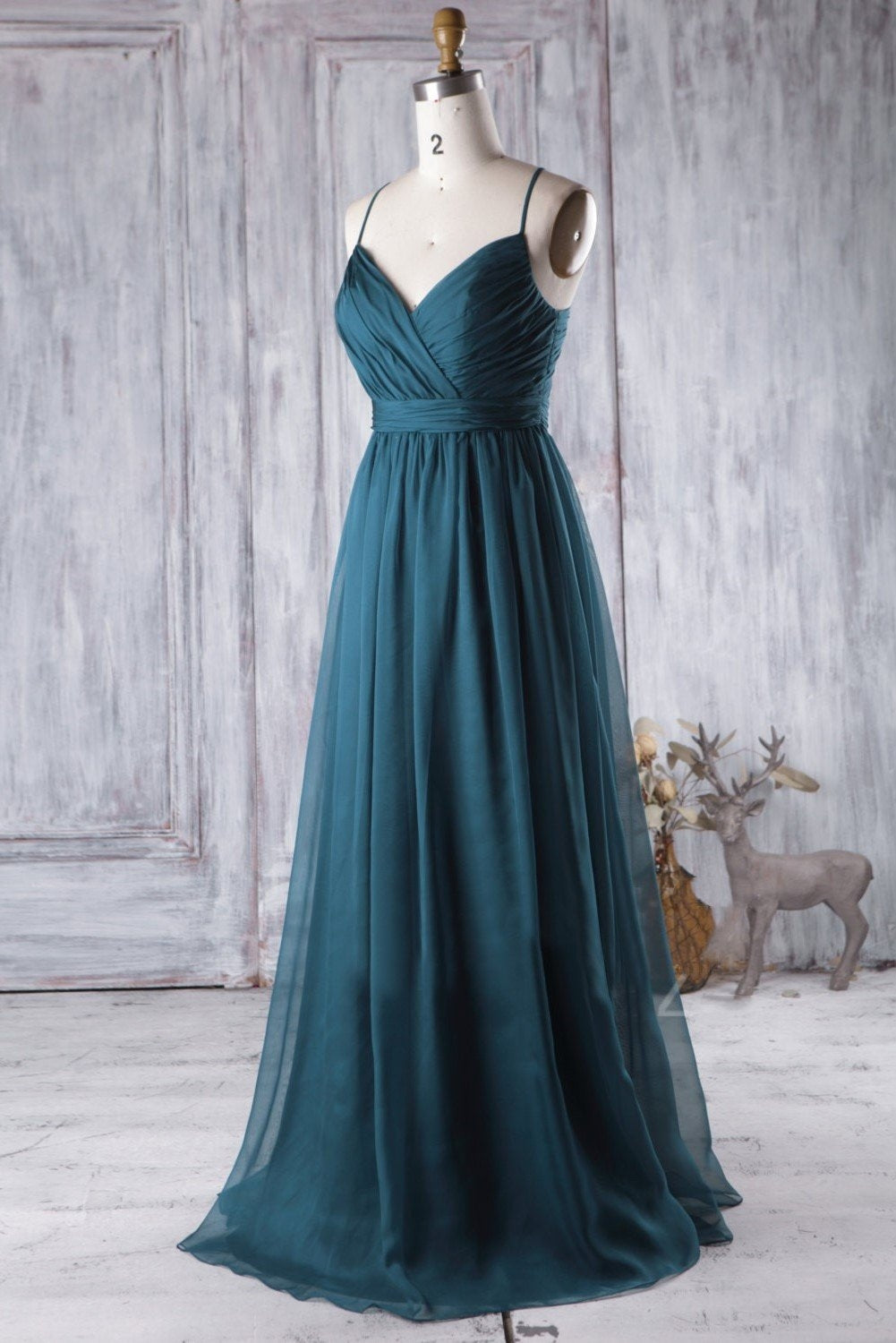 Unthony - A Line V Neck Spaghetti Strap Peacock Blue Chiffon Long Prom Dress